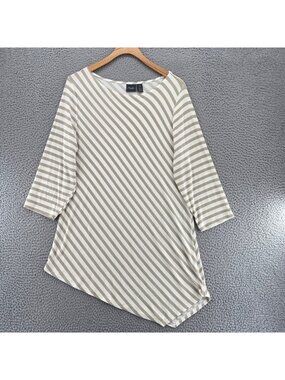 Chicos Top Womens 2 US Large Ivory Striped Travelers 3/4 Sleeve Tunic Asymmetric